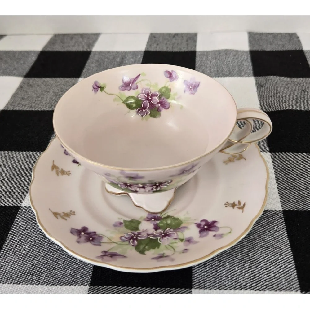 Teacup & Saucer‎ Fancy Violets Gold Trim Unique Open Loop Handle Footed Base